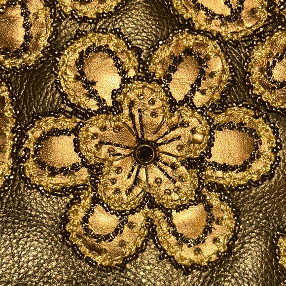 Vintage Rare Isabella Fiore Gold Leather Satchel Shoulder Bag with Beaded Trim - Picture 12 of 13